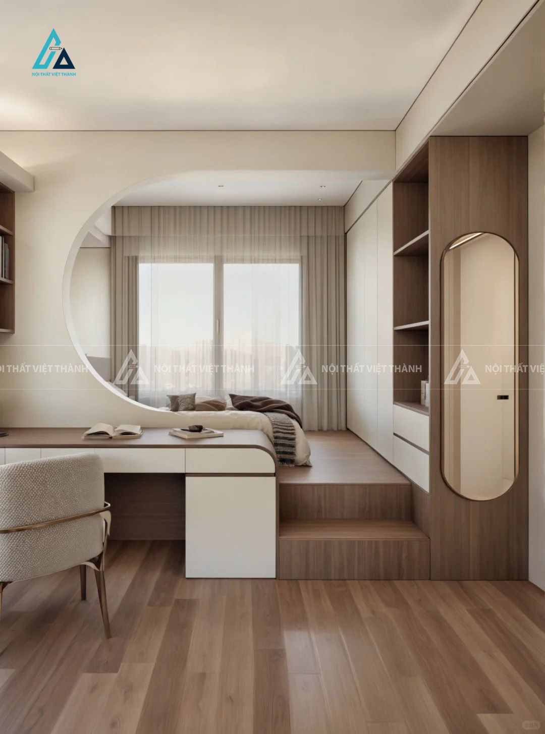 Combo Phòng Ngủ Hiện Đại Tối Ưu Diện Tích Với Giường Phản Liền Bàn Học Và Vách Ngăn Bo Cong Nghệ Thuật 1