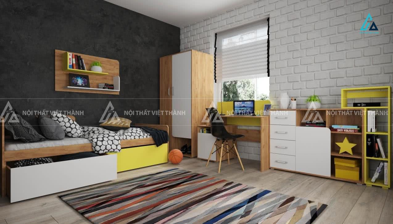 Combo Phòng Ngủ Hiện Đại Gồm Giường Ngủ Gỗ Nan Dọc Tủ Quần Áo Và Kệ Tủ Tiện Lợi