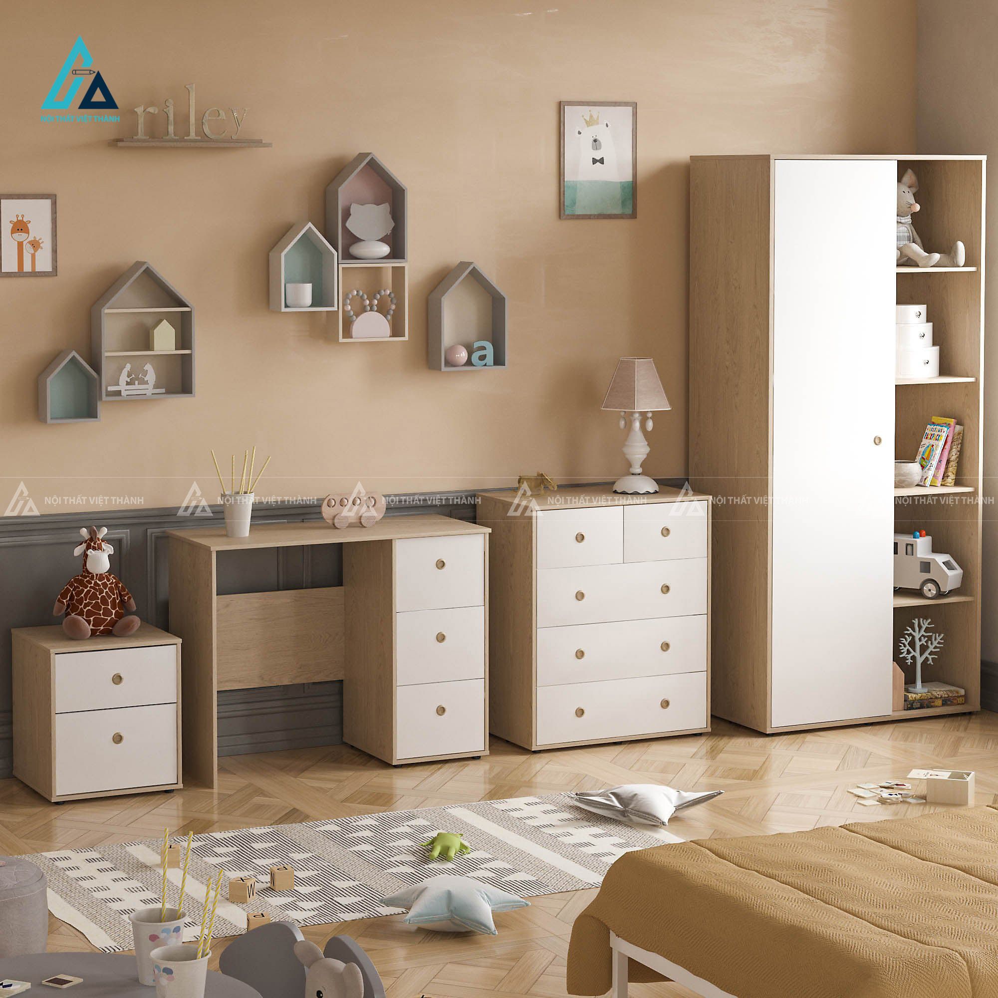 Combo Nội Thất Phòng Ngủ Trẻ Em Gồm Bàn Học Tủ Quần Áo Và Tủ Ngăn Kéo Gỗ Hiện Đại