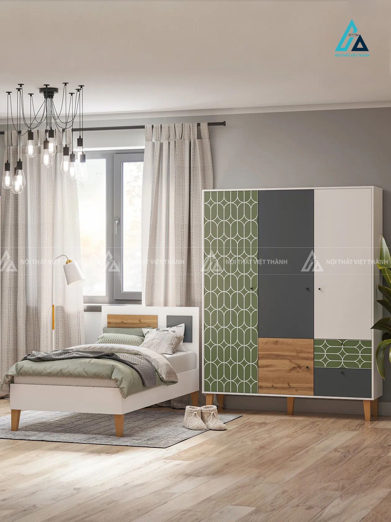 Combo Nội Thất Phòng Ngủ Trẻ Em Hiện Đại Tông Trắng Phối Xanh Lá Với Tủ Quần Áo
