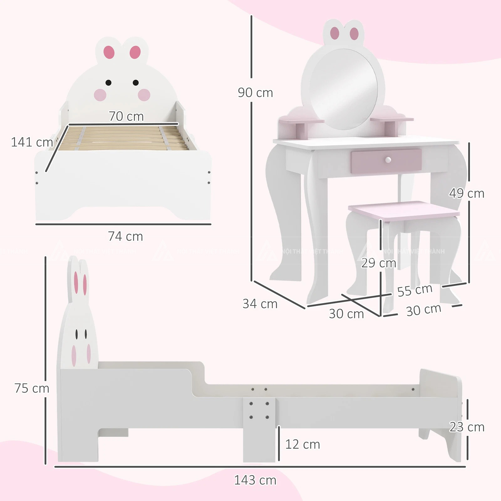 Combo Phòng Ngủ Bé Gái Hình Thỏ Trắng Gồm Giường Đơn Và Bàn Trang Điểm Mini Xinh Xắn 2