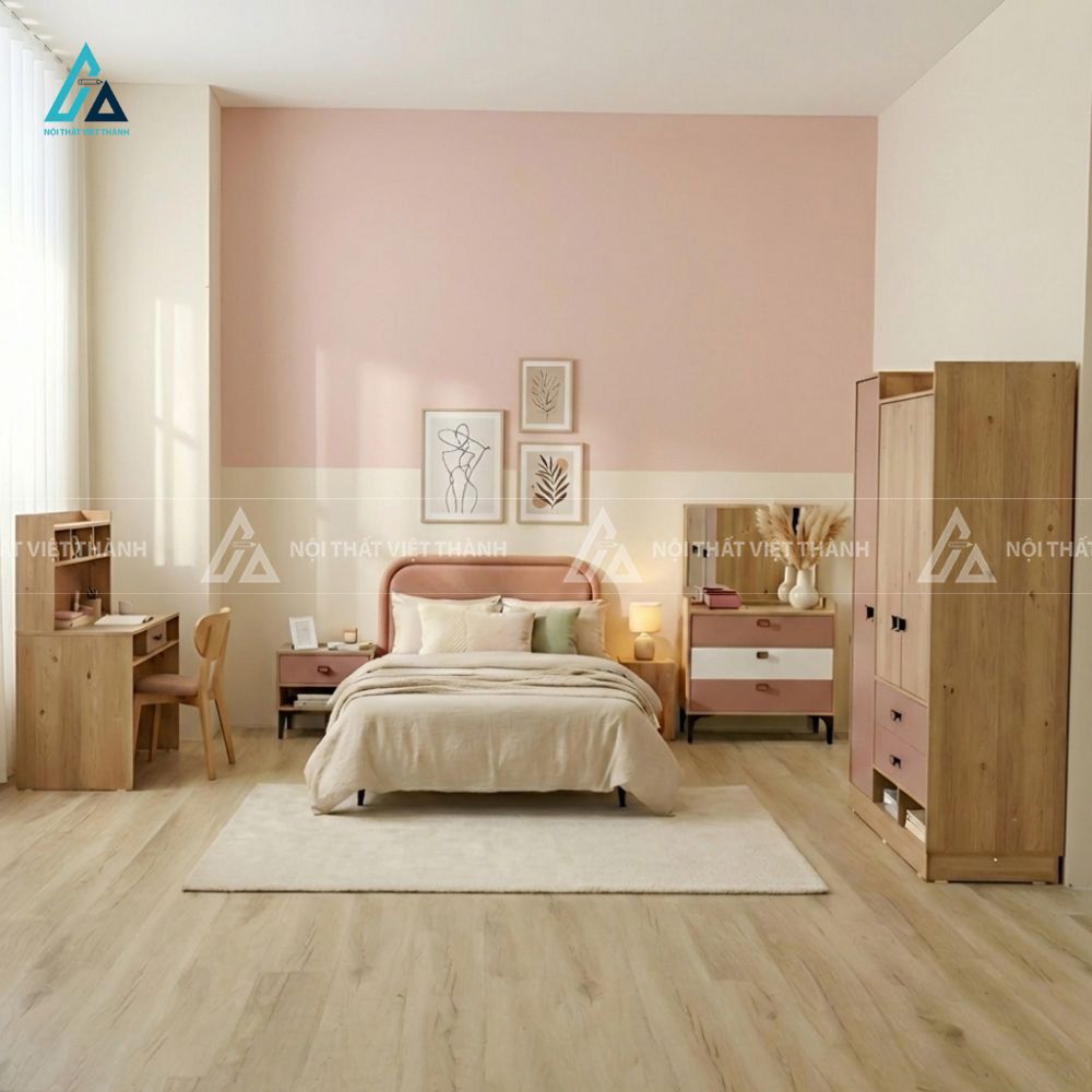 Combo Phòng Ngủ Thiếu Niên Hiện Đại Gồm Giường Bọc Nệm Bàn Học Và Tủ Quần Áo