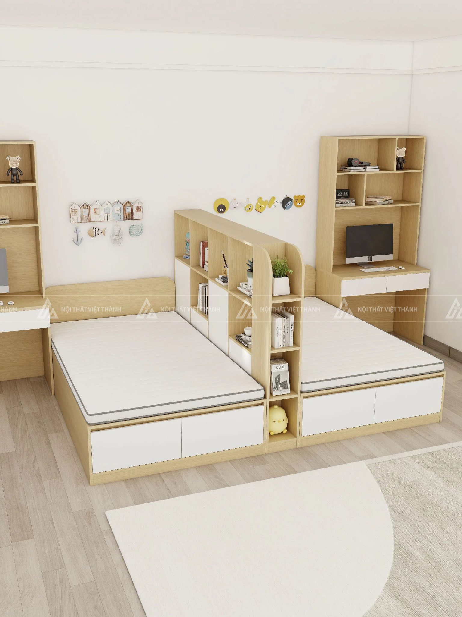 Combo Thiết Kế Phòng Ngủ Đôi Cho Bé Với Giường Ngủ Tích Hợp Ngăn Kéo Và Bàn Học Đối Xứng 2