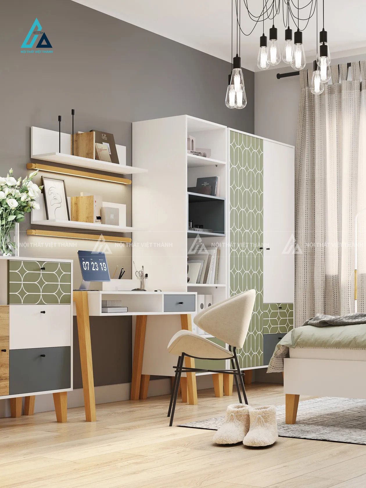 Combo Nội Thất Trẻ Em Hiện Đại Với Tủ Quần Áo Kệ Sách Và Bàn Học Họa Tiết Hình Học 1