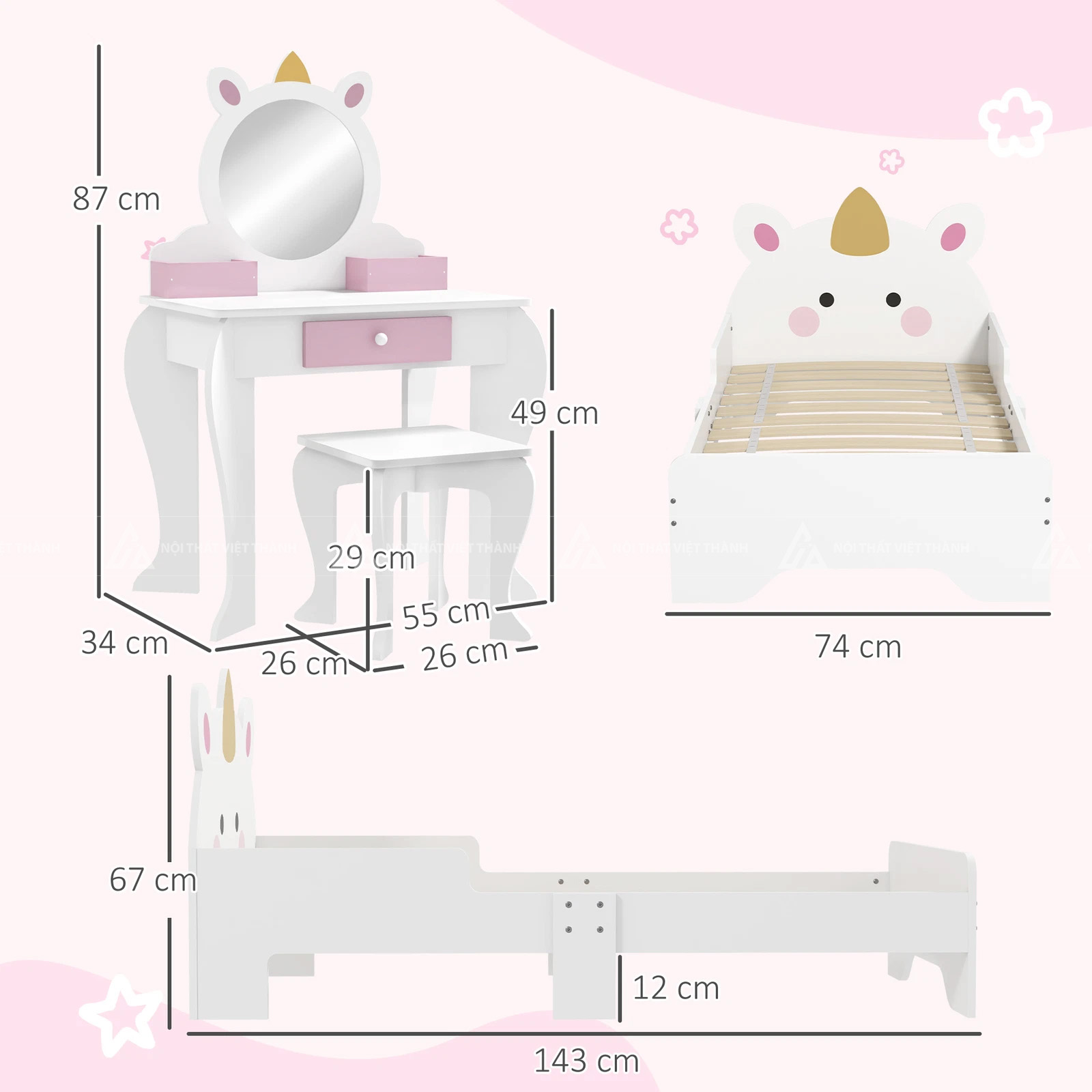 Bộ Combo Giường Ngủ Bé Gái Hiện Đại Màu Trắng Hồng Cao Cấp 2