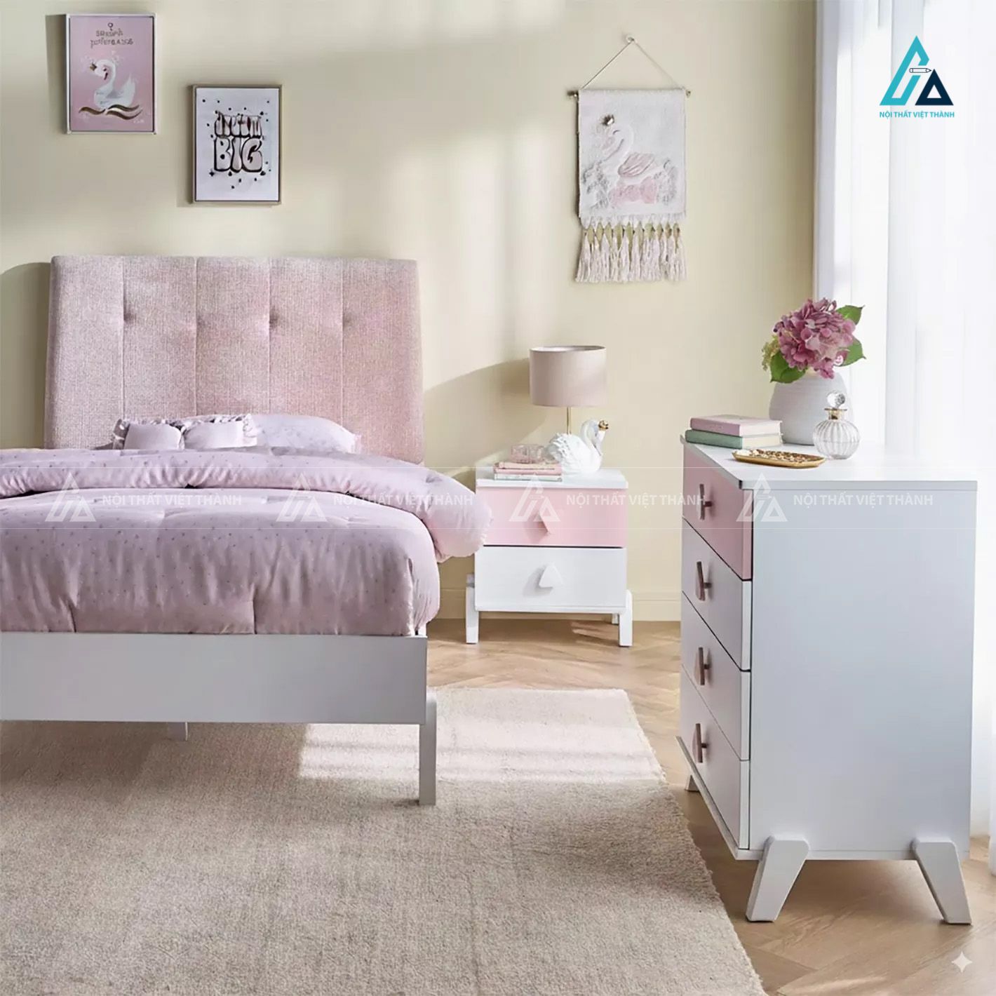 Combo Phòng Ngủ Hiện Đại Gồm Giường Bọc Nệm Táp Đầu Giường Và Tủ Ngăn Kéo Cao Cấp