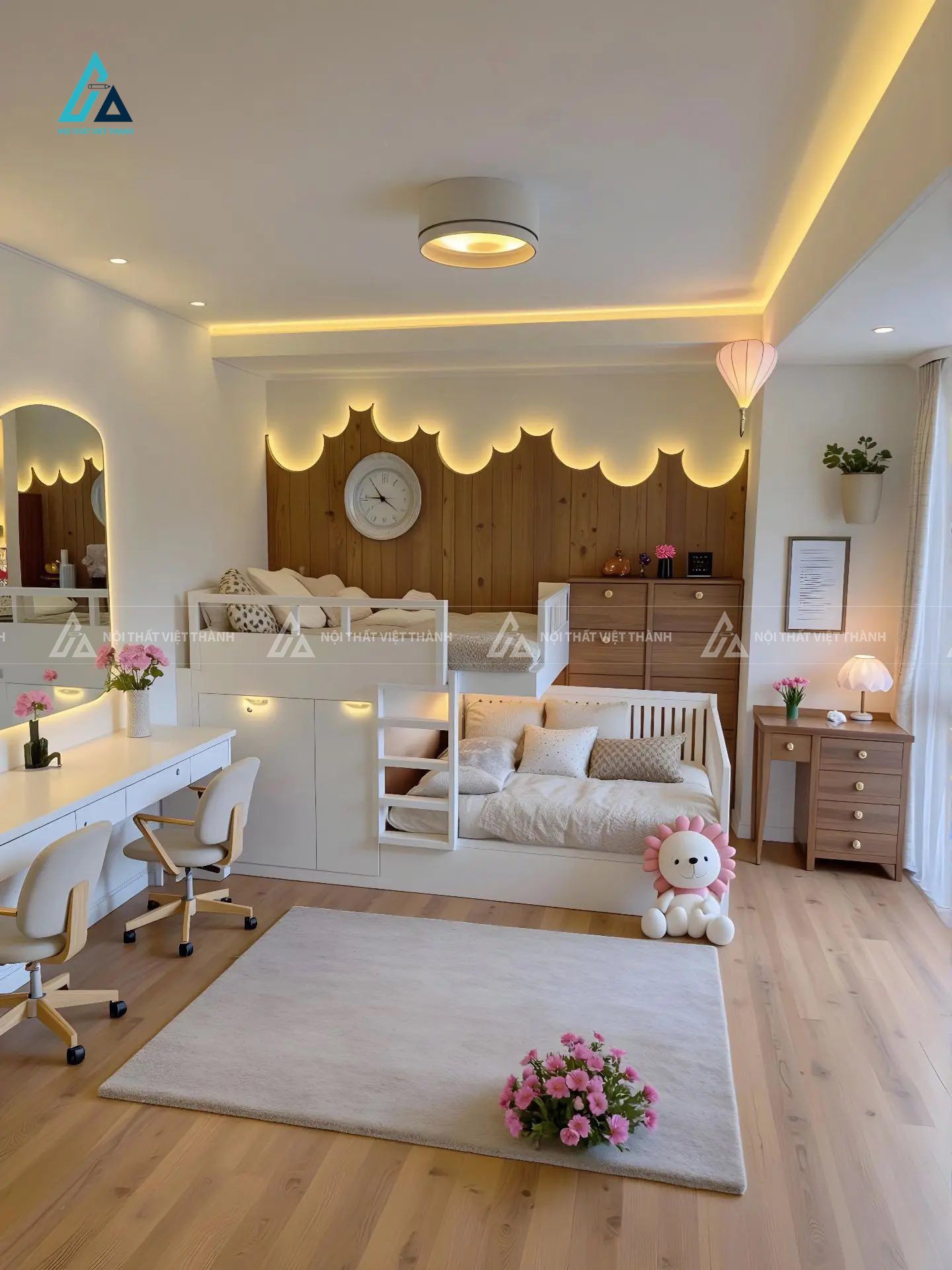 Combo Phòng Ngủ Giường Tầng Trẻ Em Thiết Kế Lâu Đài Đám Mây Tích Hợp Đèn Led Trang Trí Và Hệ Kệ Sách 1