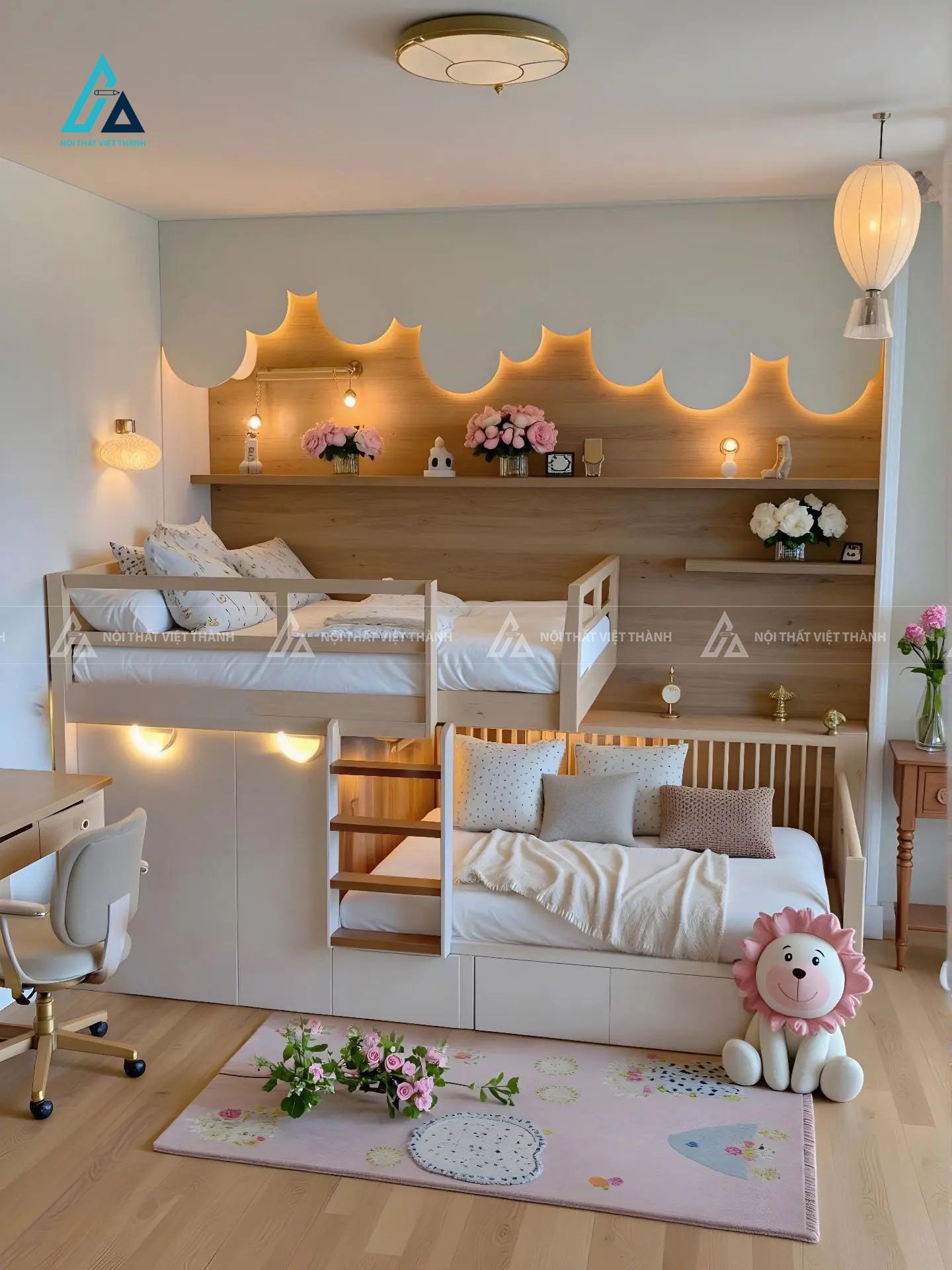 Combo Phòng Ngủ Giường Tầng Trẻ Em Thiết Kế Lâu Đài Đám Mây Tích Hợp Đèn Led Trang Trí Và Hệ Kệ Sách