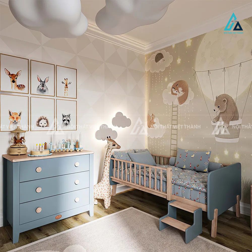 Combo Thiết Kế Nội Thất Phòng Ngủ Bé Yêu Với Giường Gỗ Có Thành Chắn Và Tủ Tab Đầu Giường