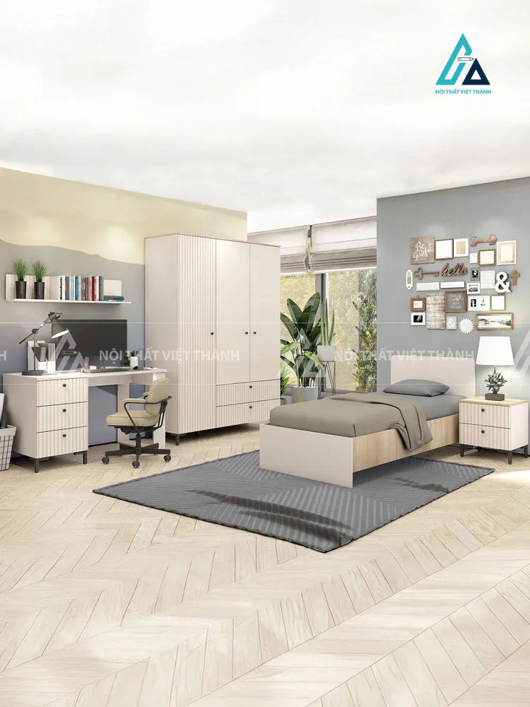 Combo Nội Thất Phòng Ngủ Hiện Đại Gồm Giường Đơn Tủ Quần Áo Cánh Phẳng Và Bàn Làm Việc