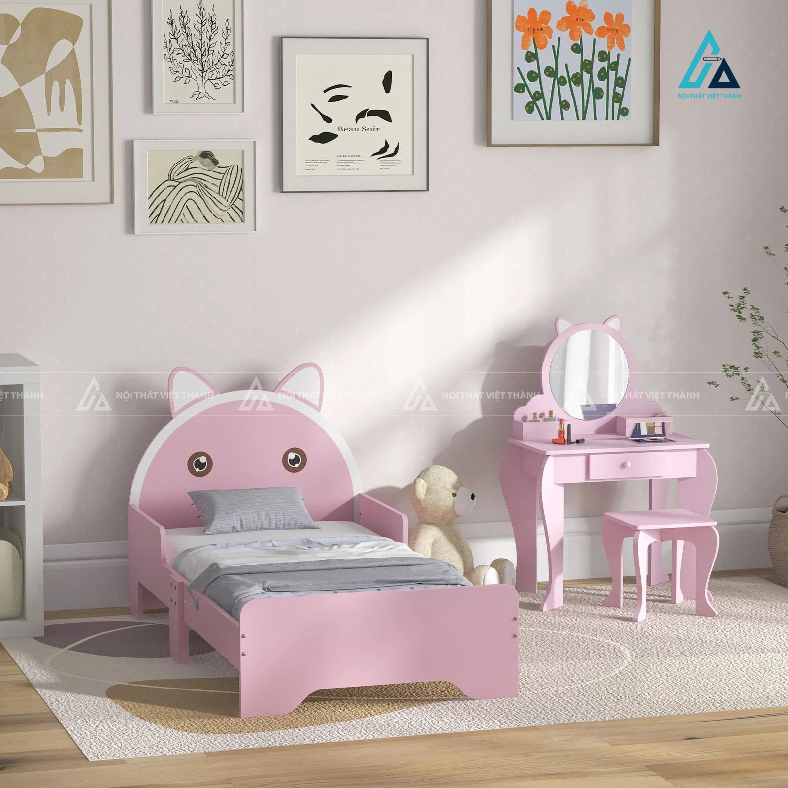 Combo Phòng Ngủ Bé Gái Hình Gấu Hồng Gồm Giường Đơn Và Bàn Trang Điểm Mini Dễ Thương