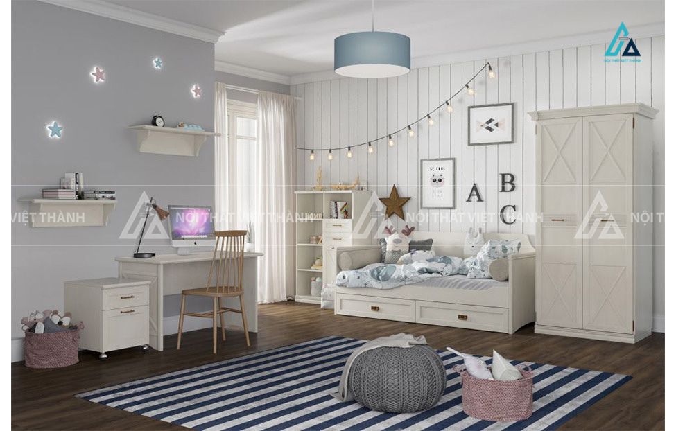 Combo Phòng Ngủ Trẻ Em Đẹp Với Giường Ngăn Kéo Bàn Học Gỗ Và Tủ Quần Áo Hiện Đại