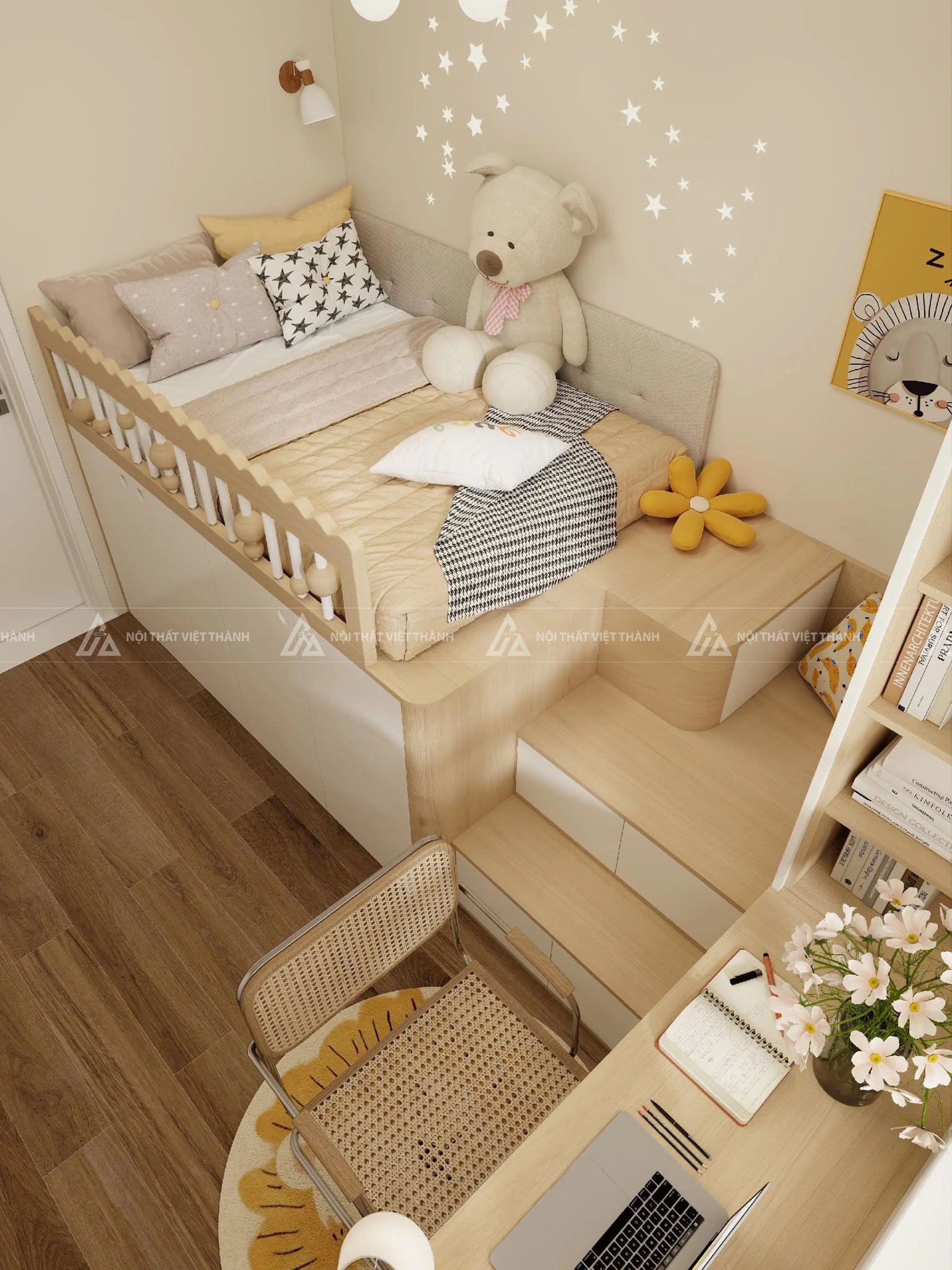 Combo Nội Thất Phòng Ngủ Trẻ Em Thông Minh Với Giường Bục Đa Năng Bàn Học Dài Và Hệ Tủ Lưu Trữ Kịch Trần 3