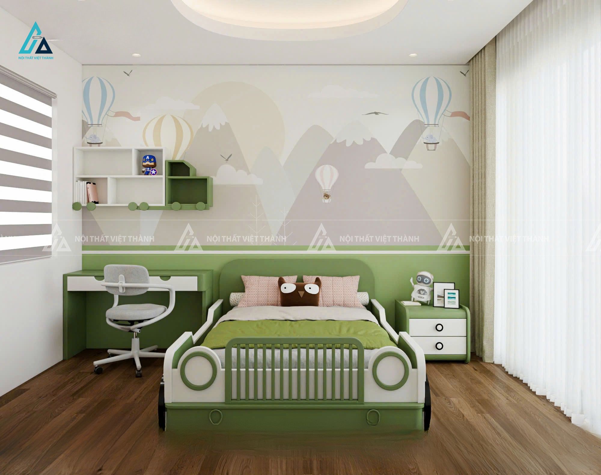 Combo Nội Thất Phòng Ngủ Hiện Đại Với Giường Hình Xe Và Bàn Học Đồng Bộ