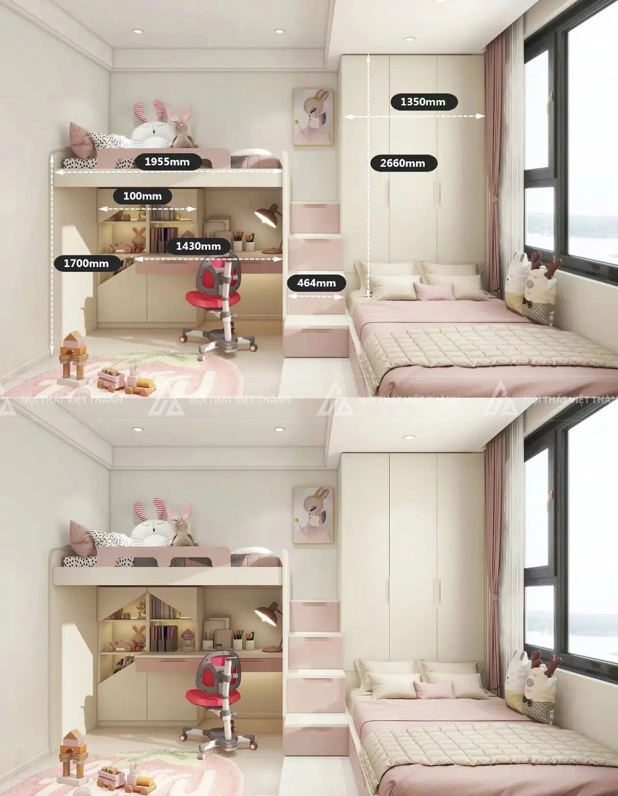 Combo Phòng Ngủ Trẻ Em Chủ Đề Thỏ Hồng Xinh Xắn Kết Hợp Góc Học Tập Và Kệ Tủ Trưng Bày Đèn LED 3