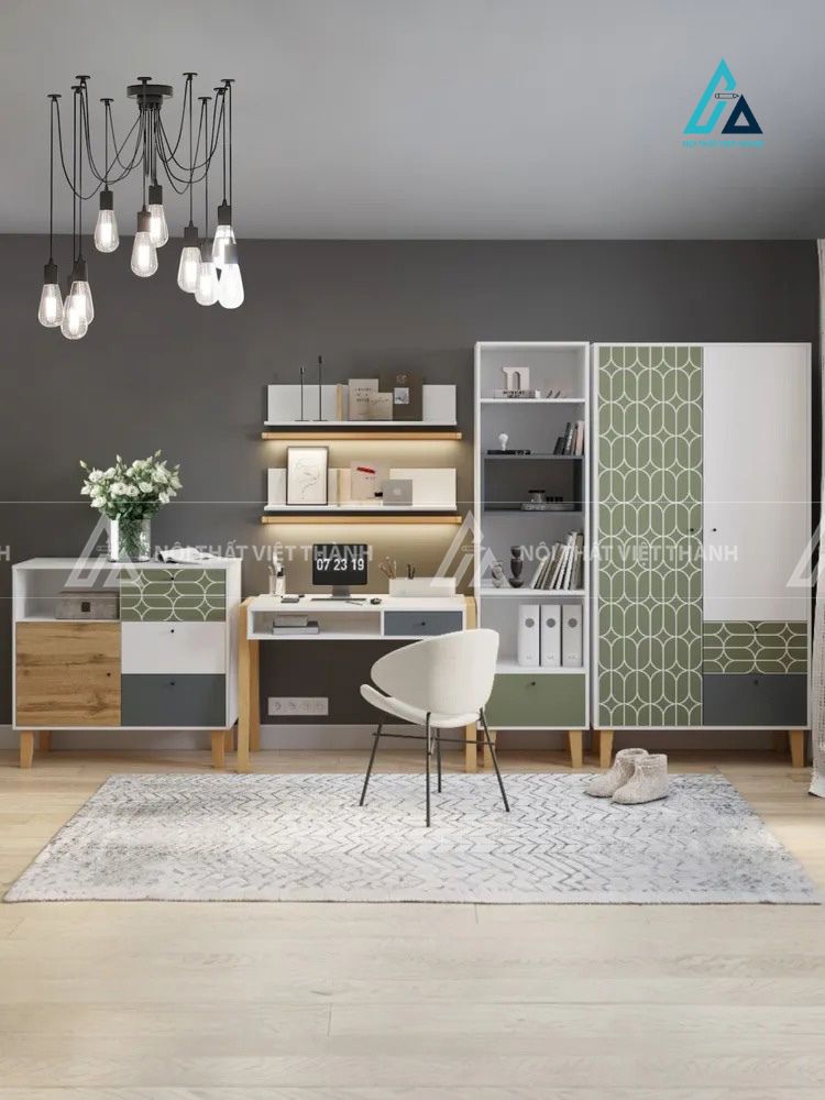 Combo Nội Thất Trẻ Em Hiện Đại Với Tủ Quần Áo Kệ Sách Và Bàn Học Họa Tiết Hình Học