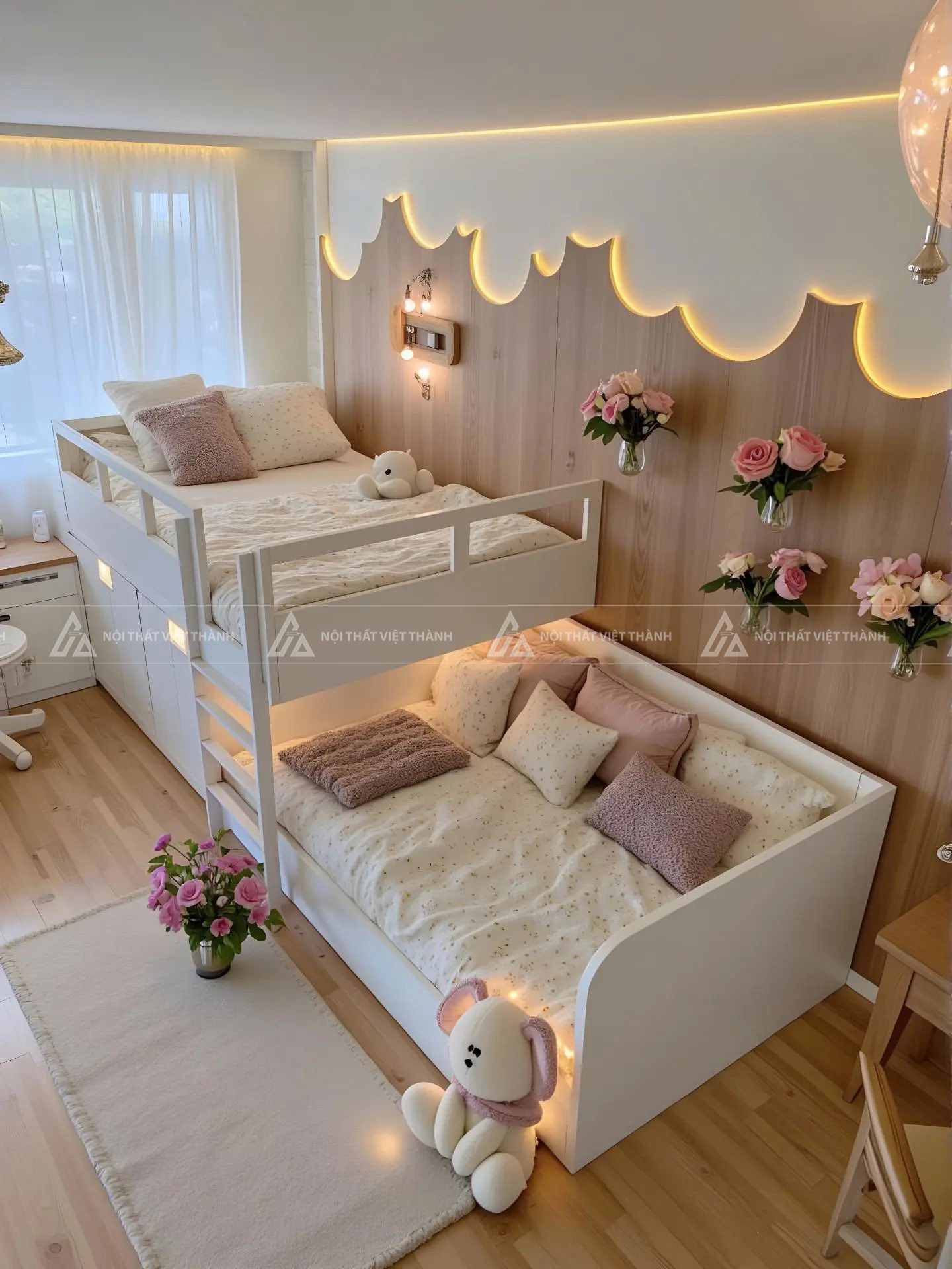 Combo Phòng Ngủ Giường Tầng Trẻ Em Thiết Kế Lâu Đài Đám Mây Tích Hợp Đèn Led Trang Trí Và Hệ Kệ Sách 2
