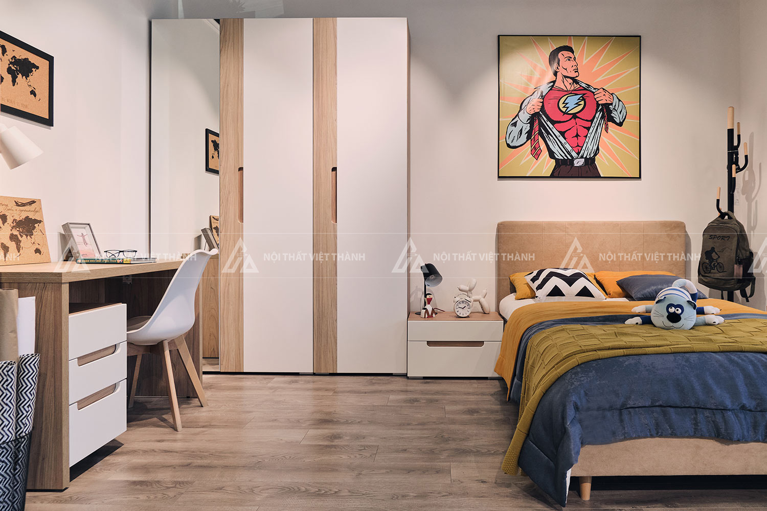 Combo Phòng Ngủ Hiện Đại Tích Hợp Tủ Quần Áo 4 Cánh Và Hệ Kệ Sách Đa Năng 3