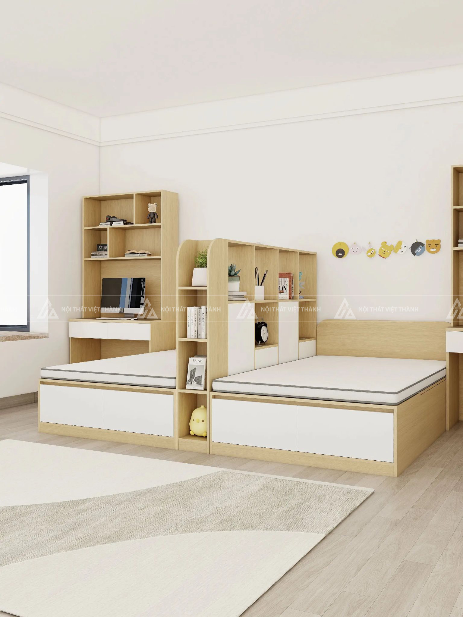 Combo Thiết Kế Phòng Ngủ Đôi Cho Bé Với Giường Ngủ Tích Hợp Ngăn Kéo Và Bàn Học Đối Xứng 4