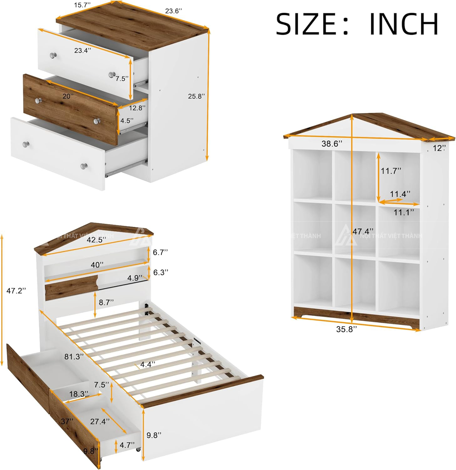 Combo Phòng Ngủ Trẻ Em Hình Ngôi Nhà Gồm Giường Ngăn Kéo Và Kệ Sách Gỗ Đẹp 5