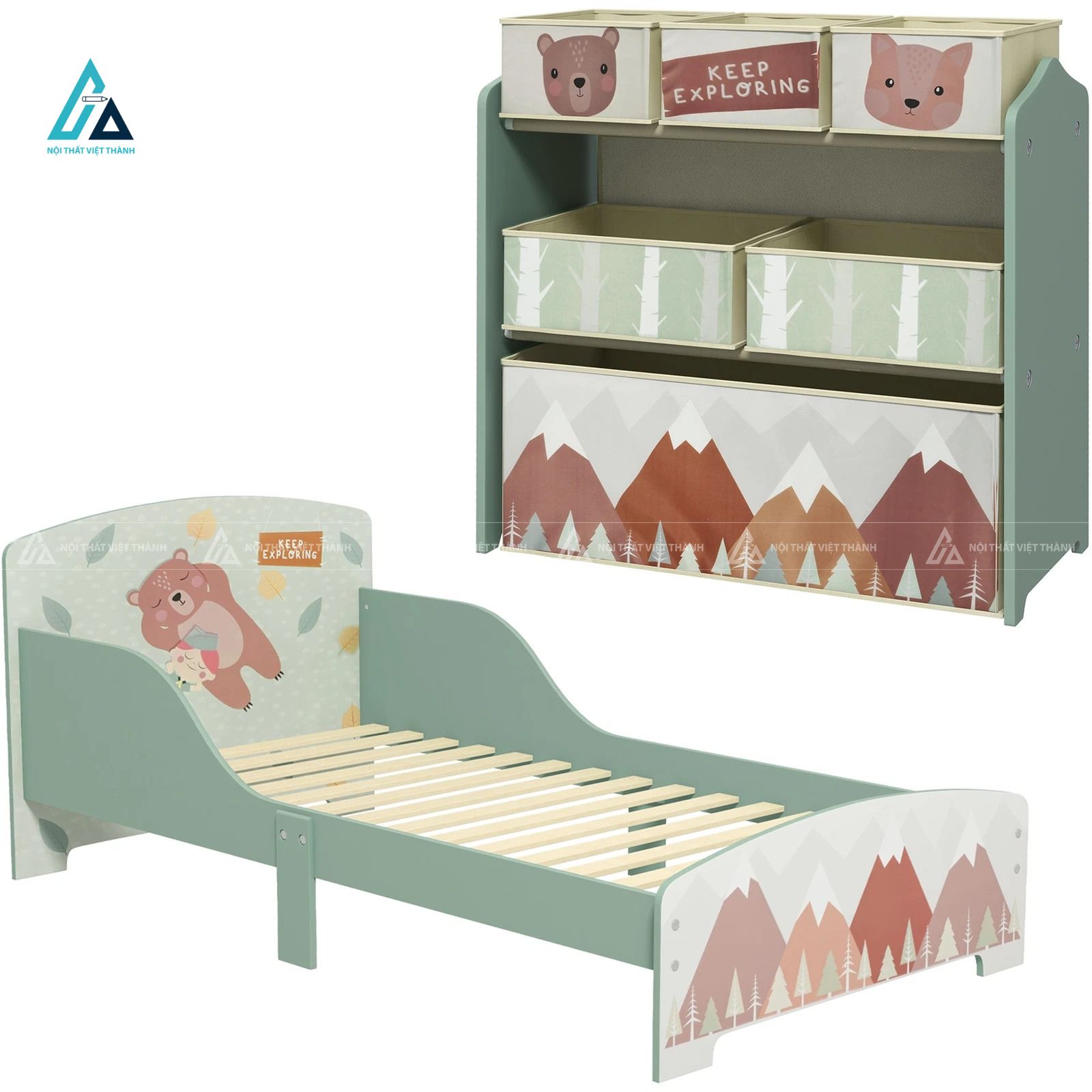 Combo Phòng Ngủ Trẻ Em Gồm Giường Ngủ Hình Gấu Và Hệ Tủ Kệ Đồ Chơi Thông Minh 1