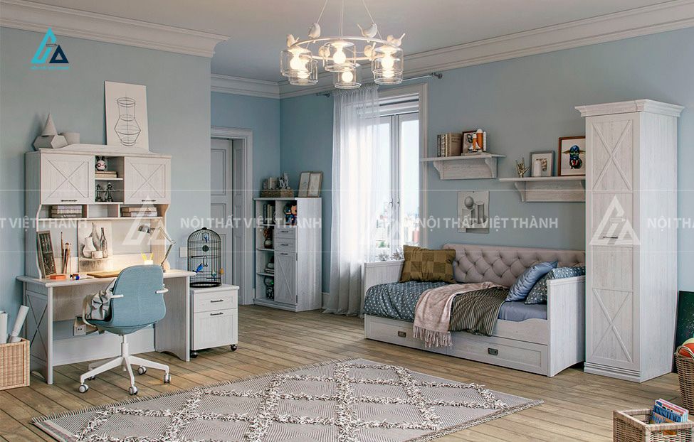 Combo Phòng Ngủ Trẻ Em Phong Cách Tân Cổ Điển Tích Hợp Bàn Học Và Hệ Tủ Trang Trí