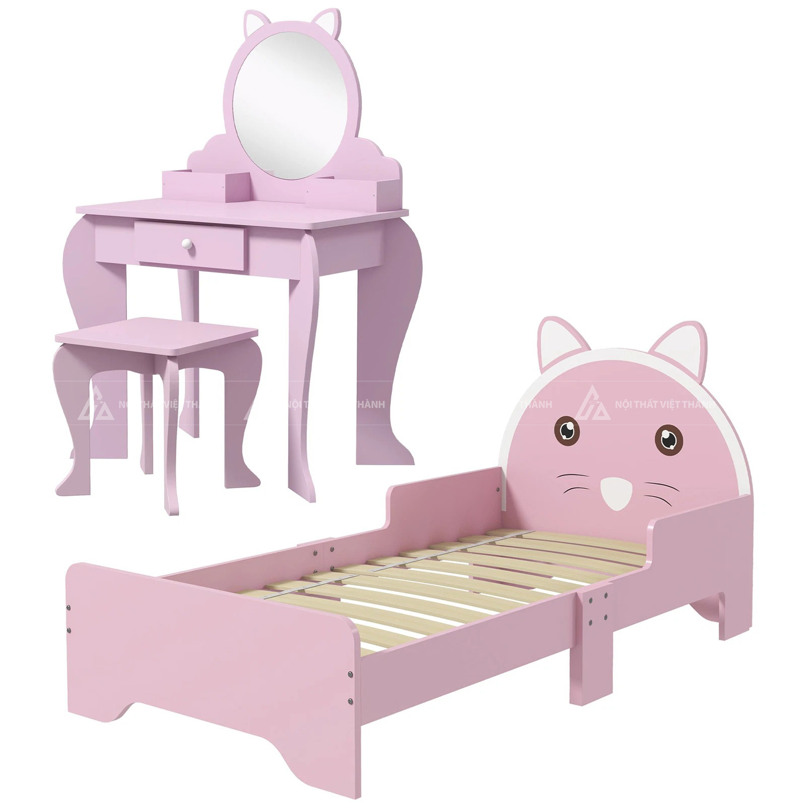 Combo Phòng Ngủ Bé Gái Hình Gấu Hồng Gồm Giường Đơn Và Bàn Trang Điểm Mini Dễ Thương 4