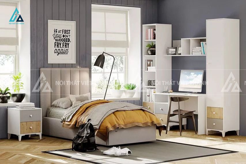 Combo Phòng Ngủ Trẻ Em Hiện Đại Tông Màu Ghi Sáng Tích Hợp Bàn Học Và Hệ Kệ Sách Đa Năng