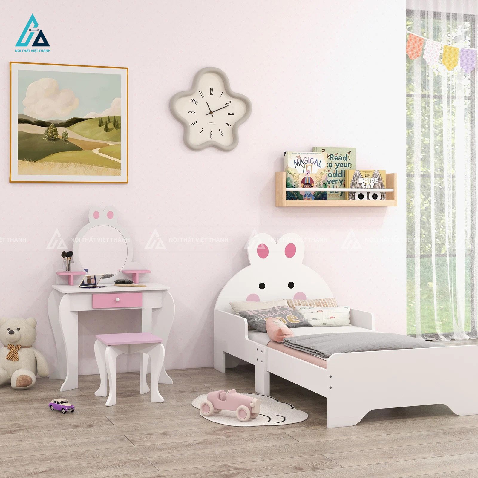Combo Phòng Ngủ Bé Gái Hình Thỏ Trắng Gồm Giường Đơn Và Bàn Trang Điểm Mini Xinh Xắn