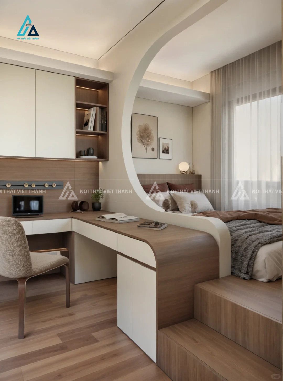 Combo Phòng Ngủ Hiện Đại Tối Ưu Diện Tích Với Giường Phản Liền Bàn Học Và Vách Ngăn Bo Cong Nghệ Thuật