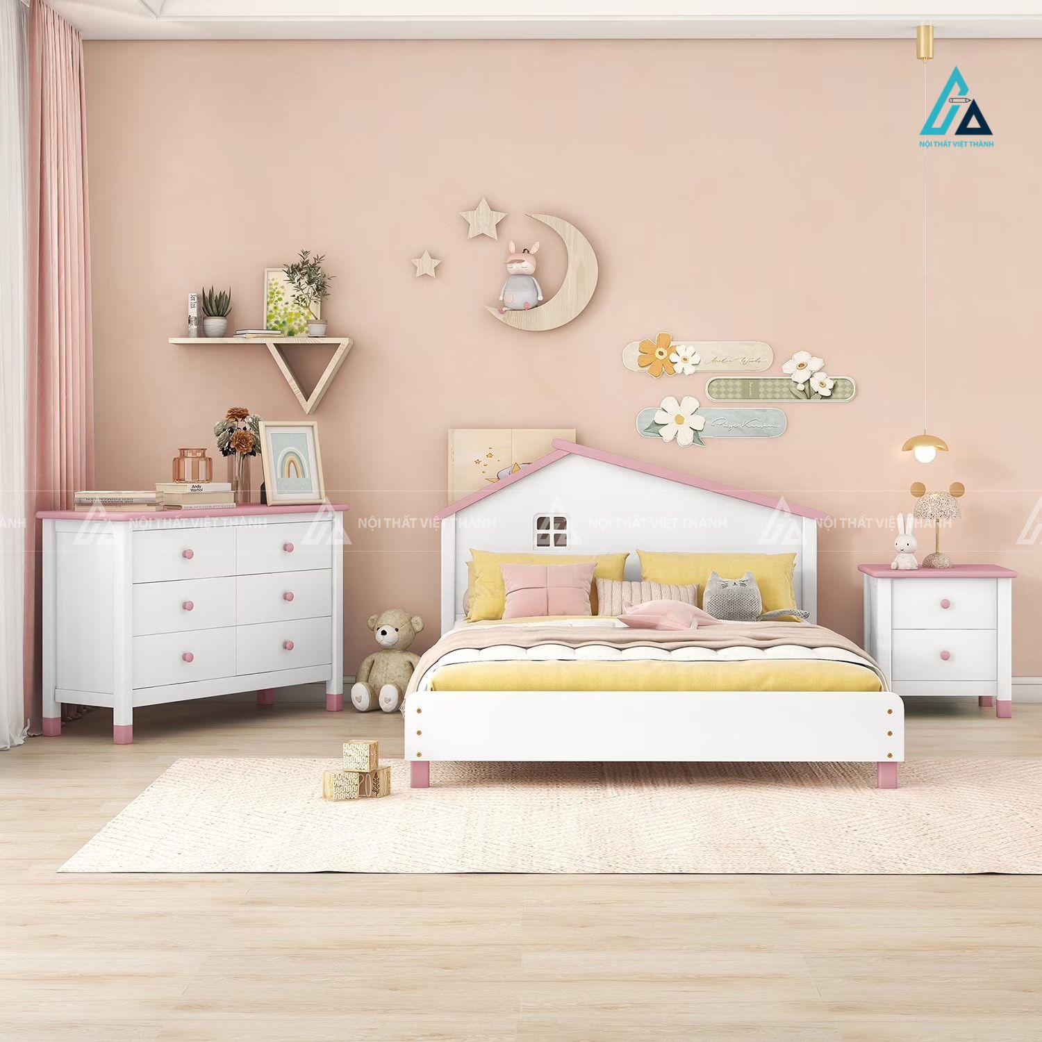 Combo Phòng Ngủ Hình Ngôi Nhà Gồm Giường Ngủ Đơn Táp Đầu Giường Và Tủ Đồ Màu Hồng Trắng