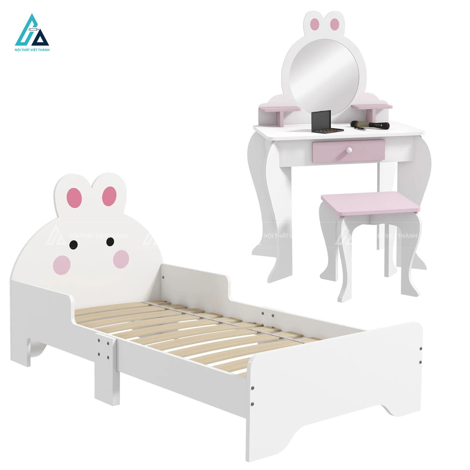 Combo Phòng Ngủ Bé Gái Hình Thỏ Trắng Gồm Giường Đơn Và Bàn Trang Điểm Mini Xinh Xắn 1