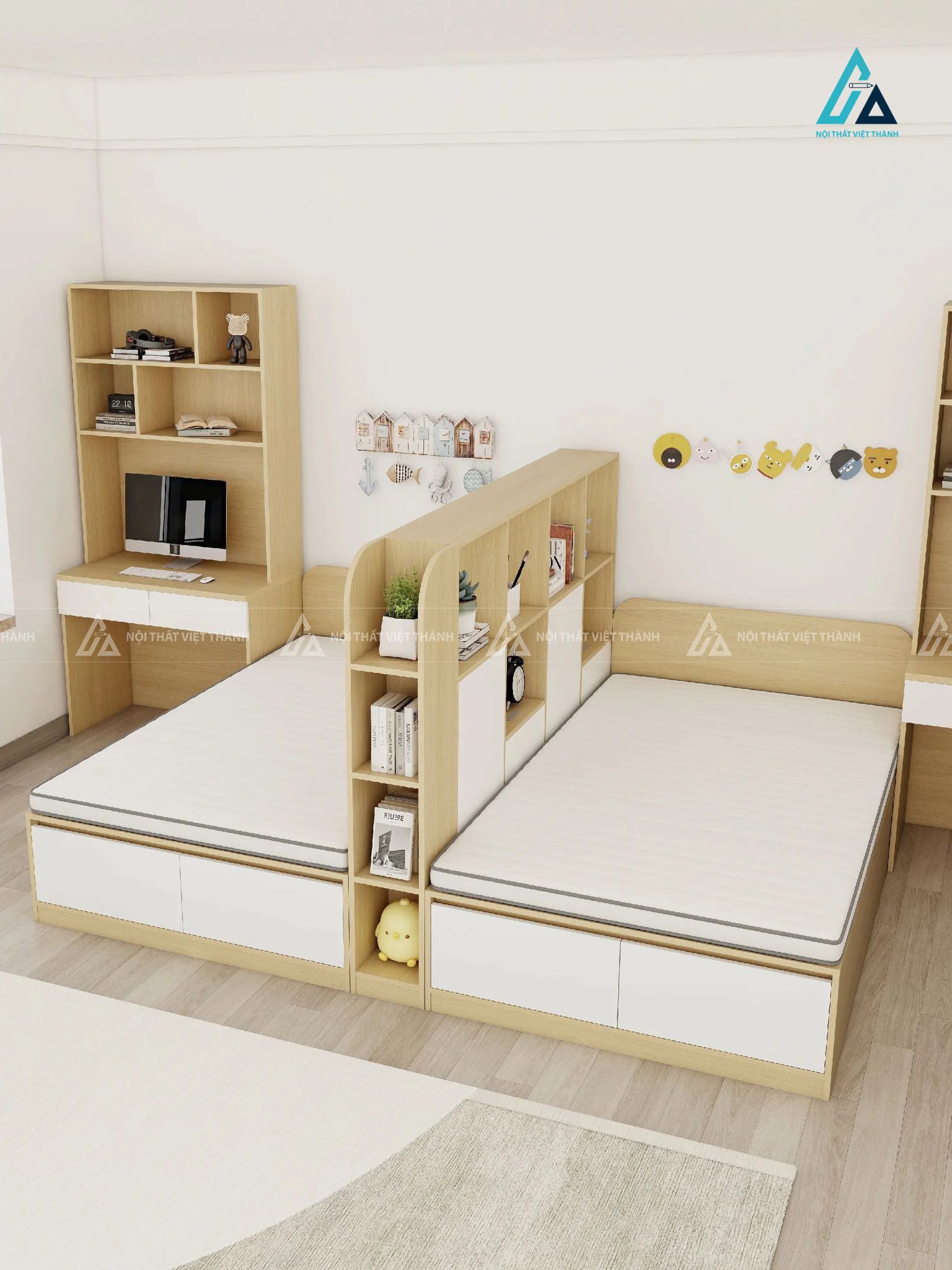 Combo Thiết Kế Phòng Ngủ Đôi Cho Bé Với Giường Ngủ Tích Hợp Ngăn Kéo Và Bàn Học Đối Xứng 1