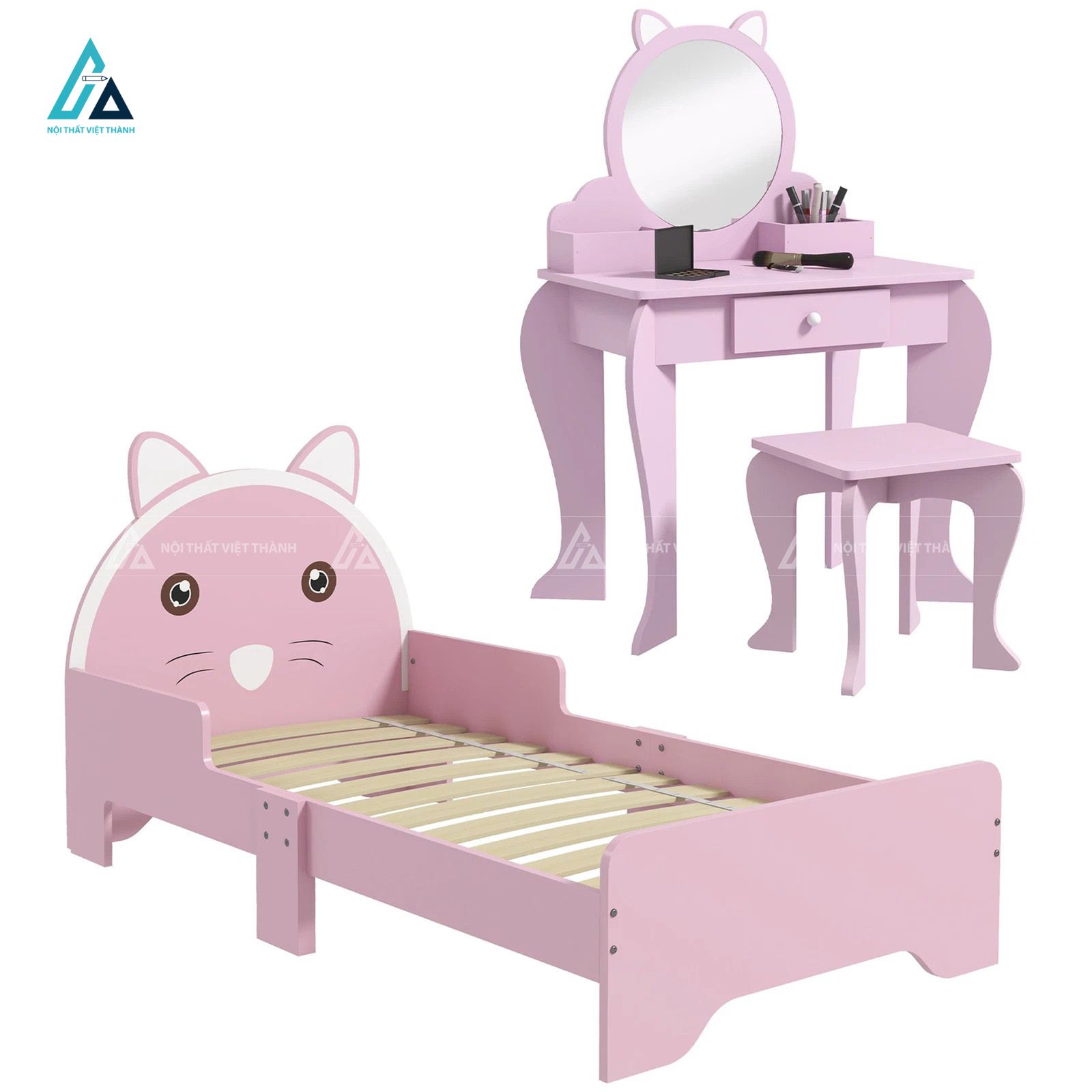 Combo Phòng Ngủ Bé Gái Hình Gấu Hồng Gồm Giường Đơn Và Bàn Trang Điểm Mini Dễ Thương 1