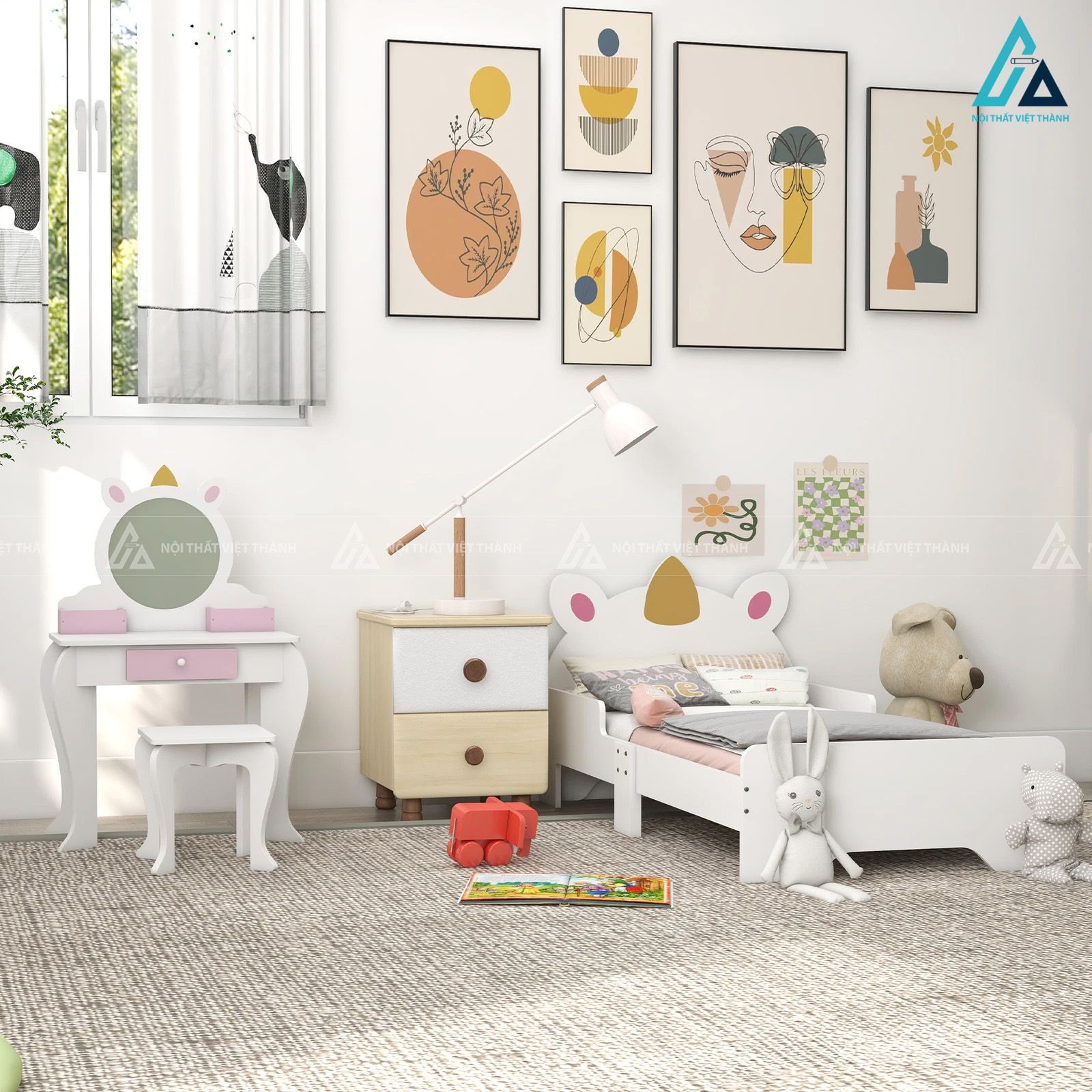 Bộ Combo Giường Ngủ Bé Gái Hiện Đại Màu Trắng Hồng Cao Cấp