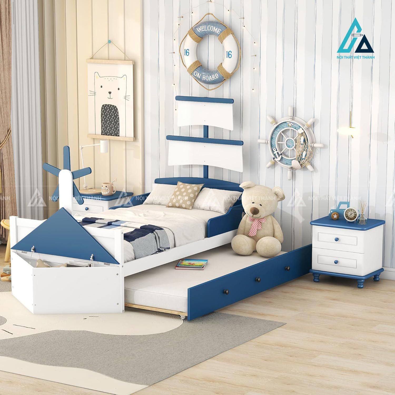 Combo Phòng Ngủ Chủ Đề Đại Dương Có Táp Đầu Giường Và Hộc Đồ Chơi Tiện Lợi