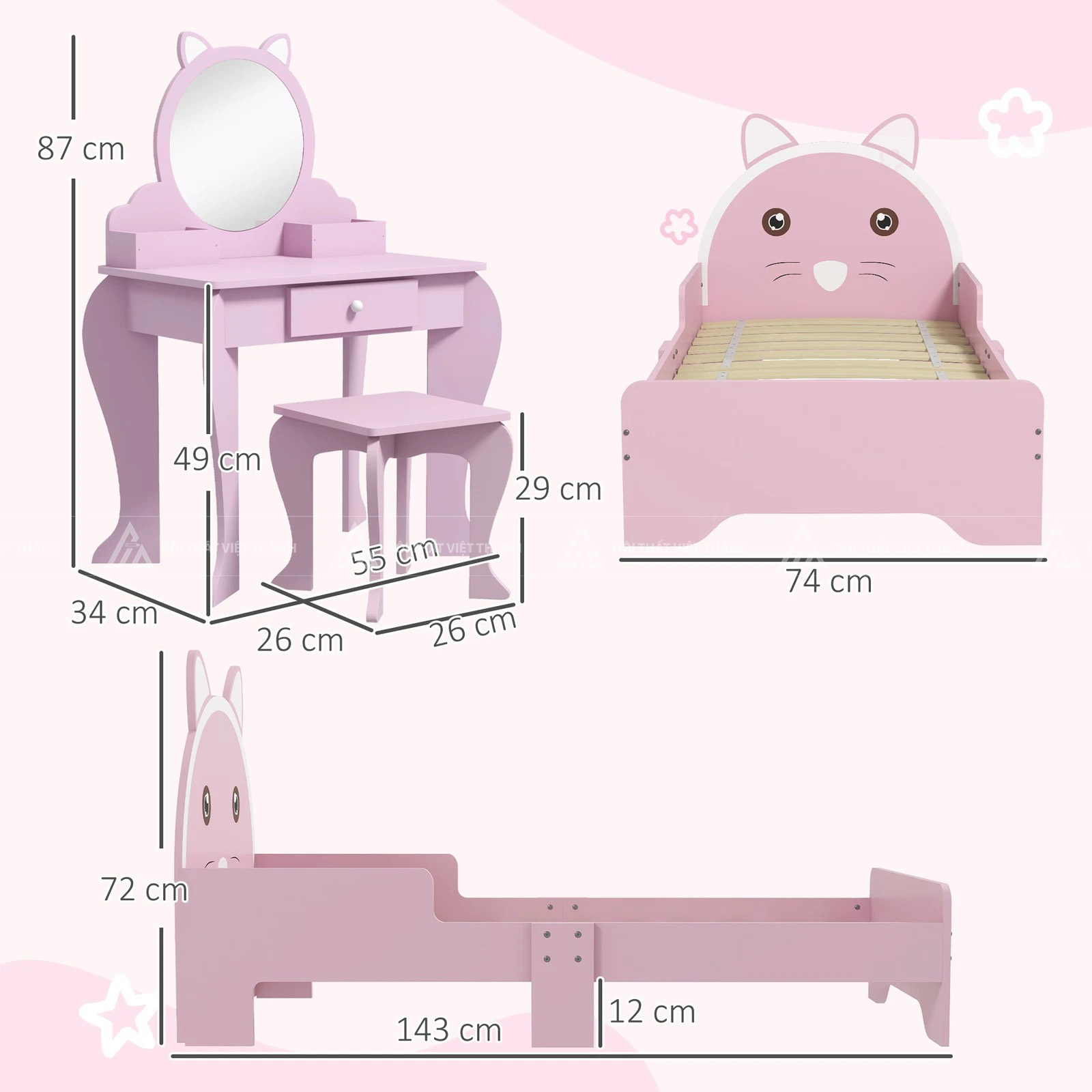 Combo Phòng Ngủ Bé Gái Hình Gấu Hồng Gồm Giường Đơn Và Bàn Trang Điểm Mini Dễ Thương 5