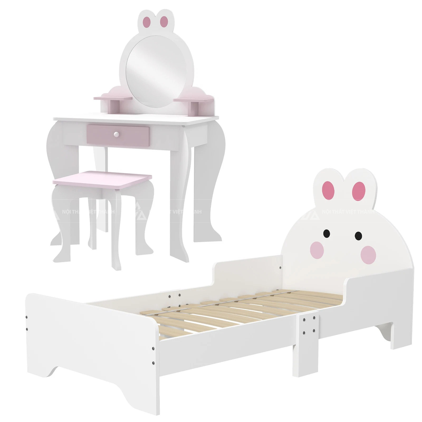 Combo Phòng Ngủ Bé Gái Hình Thỏ Trắng Gồm Giường Đơn Và Bàn Trang Điểm Mini Xinh Xắn 5