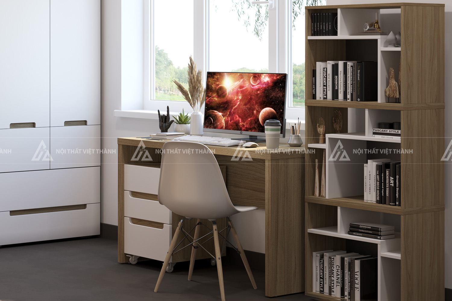 Combo Phòng Ngủ Hiện Đại Tích Hợp Tủ Quần Áo 4 Cánh Và Hệ Kệ Sách Đa Năng 6
