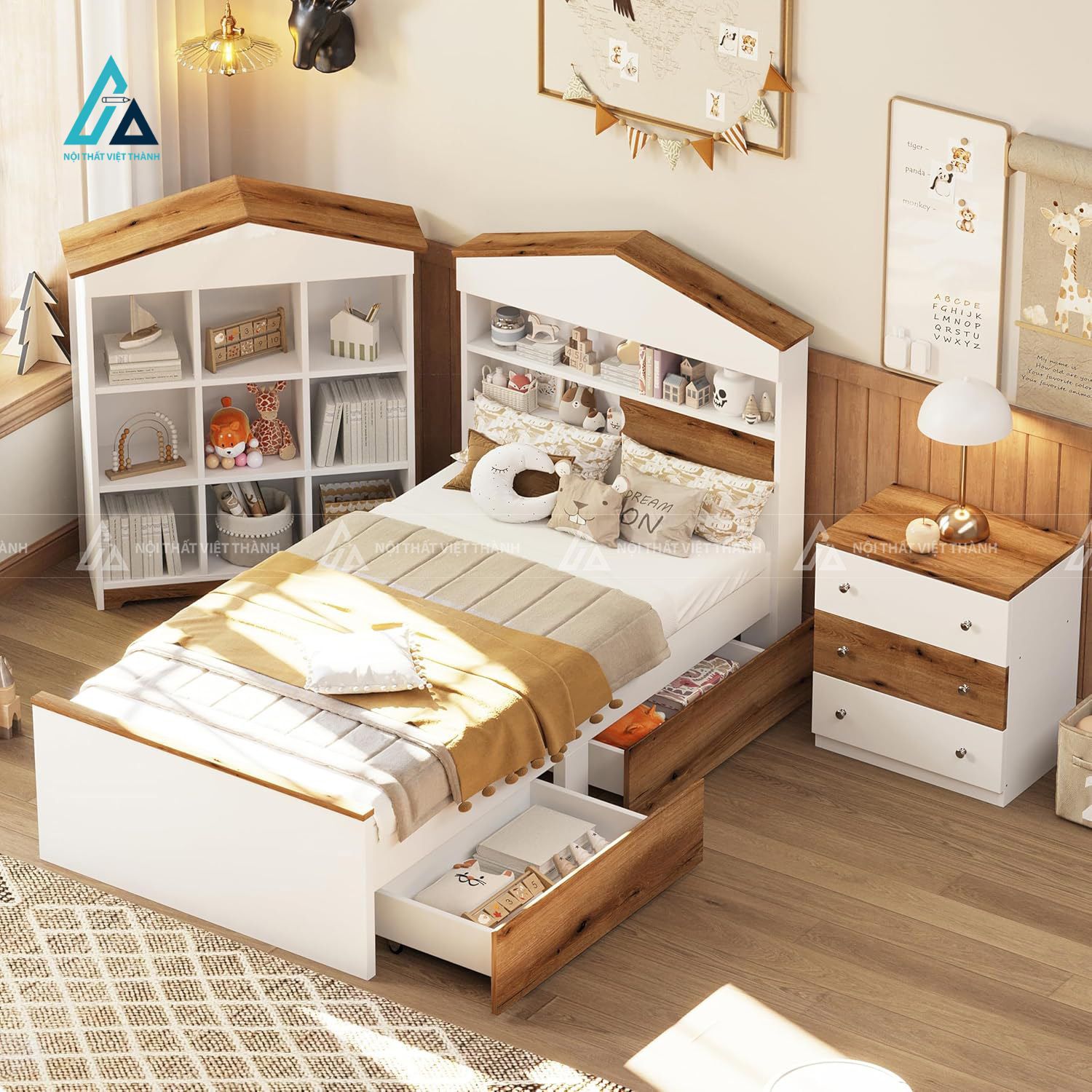 Combo Phòng Ngủ Trẻ Em Hình Ngôi Nhà Gồm Giường Ngăn Kéo Và Kệ Sách Gỗ Đẹp 1