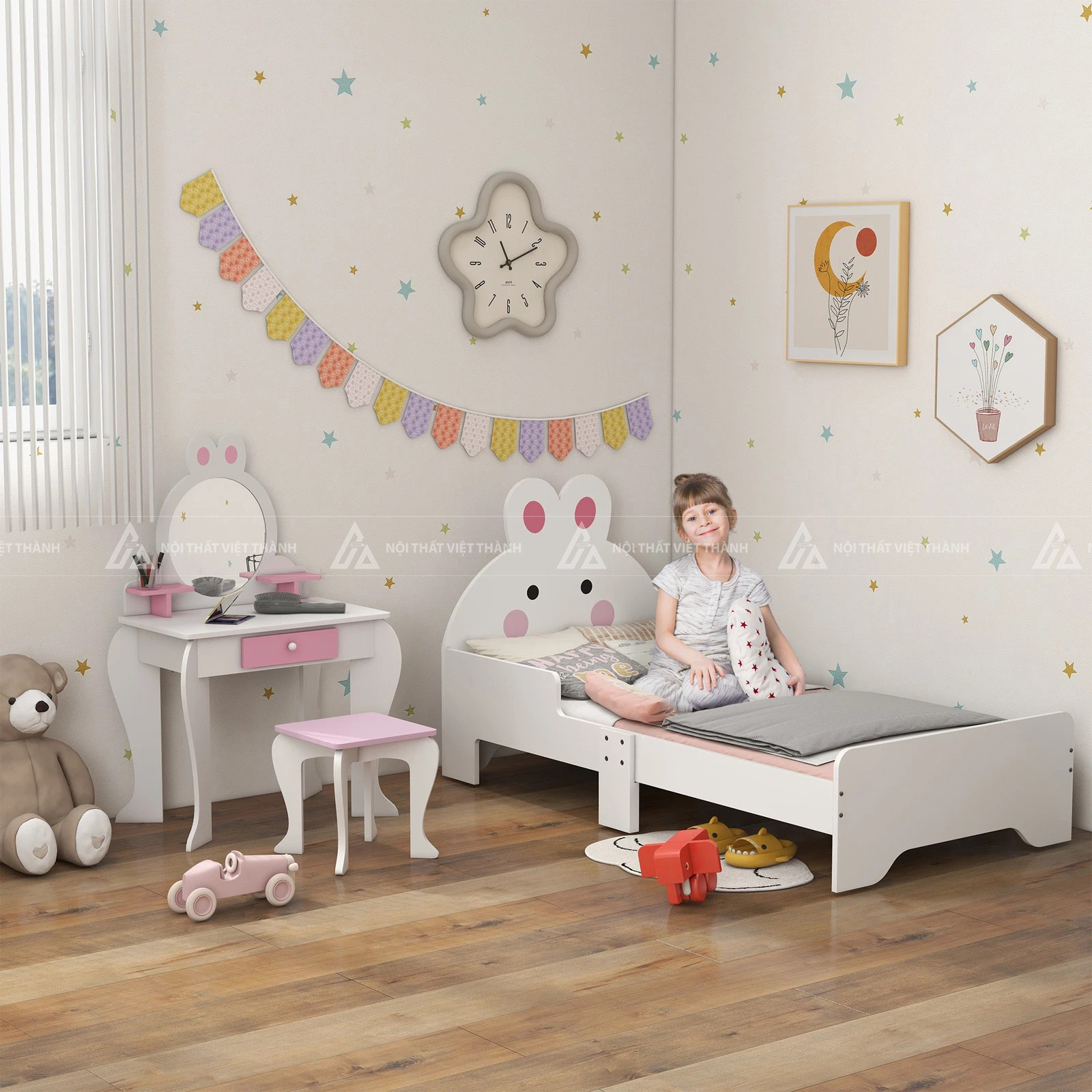 Combo Phòng Ngủ Bé Gái Hình Thỏ Trắng Gồm Giường Đơn Và Bàn Trang Điểm Mini Xinh Xắn 6