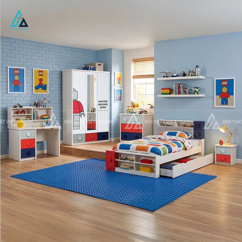 Combo Phòng Ngủ Trẻ Em Hình Lego Gồm Giường Kéo Thông Minh Tủ Ngăn Kéo Và Táp Đầu Giường 1
