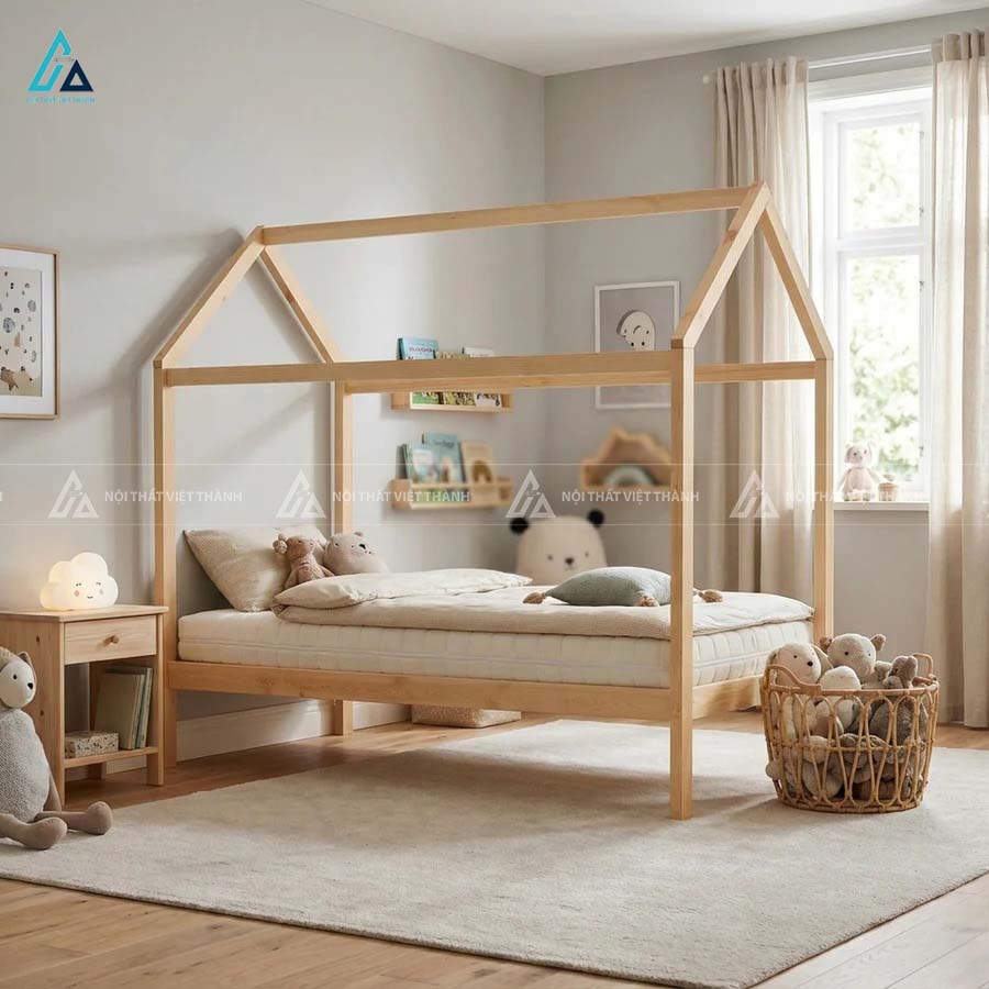 Giường Ngủ Trẻ Em Thiết Kế Thanh Chắn Nan Dọc Thông Thoáng Bảo Vệ Bé An Toàn