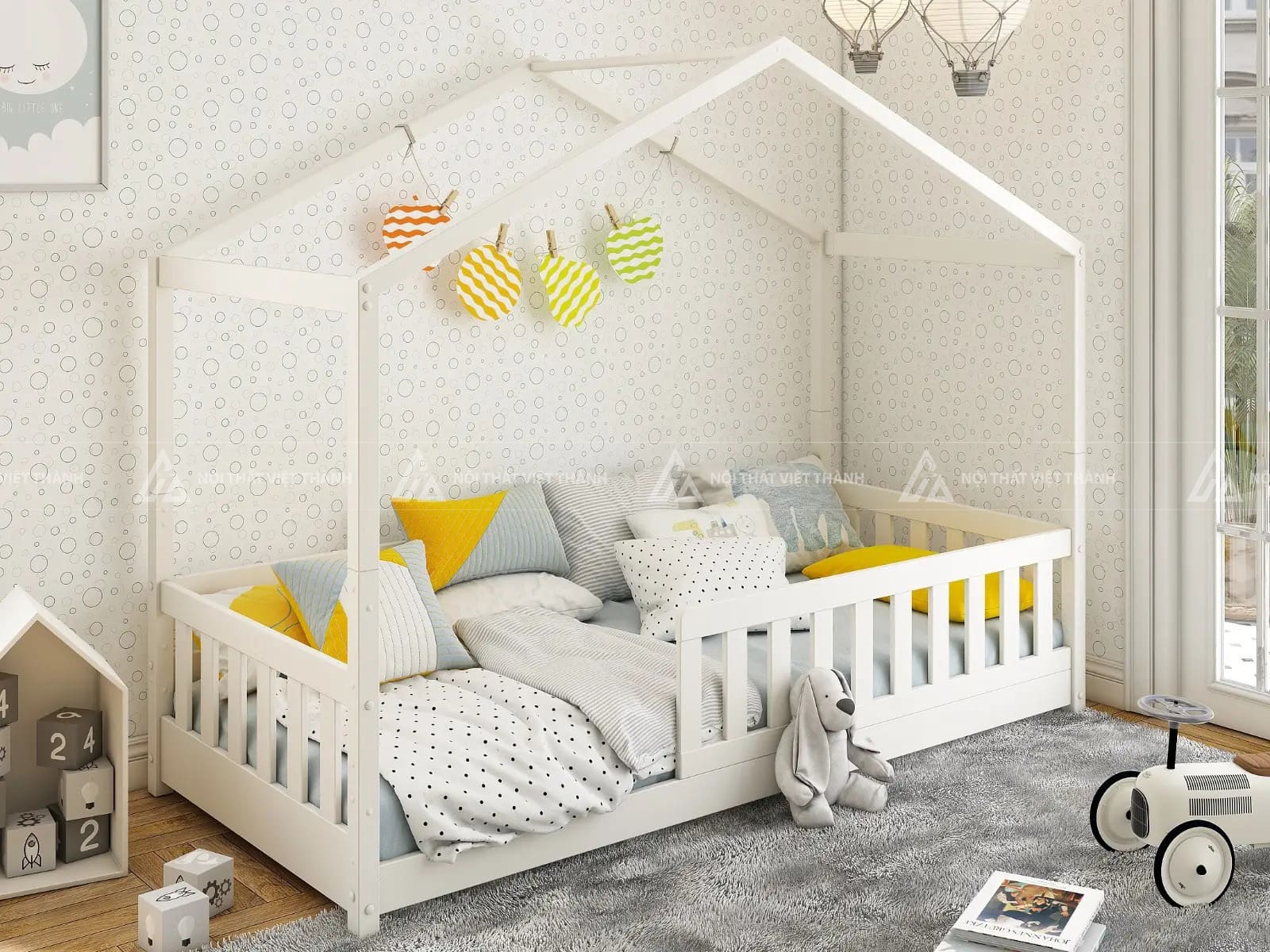 Giường Ngủ Cho Bé Hình Ngôi Nhà Màu Trắng Tinh Khôi Có Lan Can Bảo Vệ 2