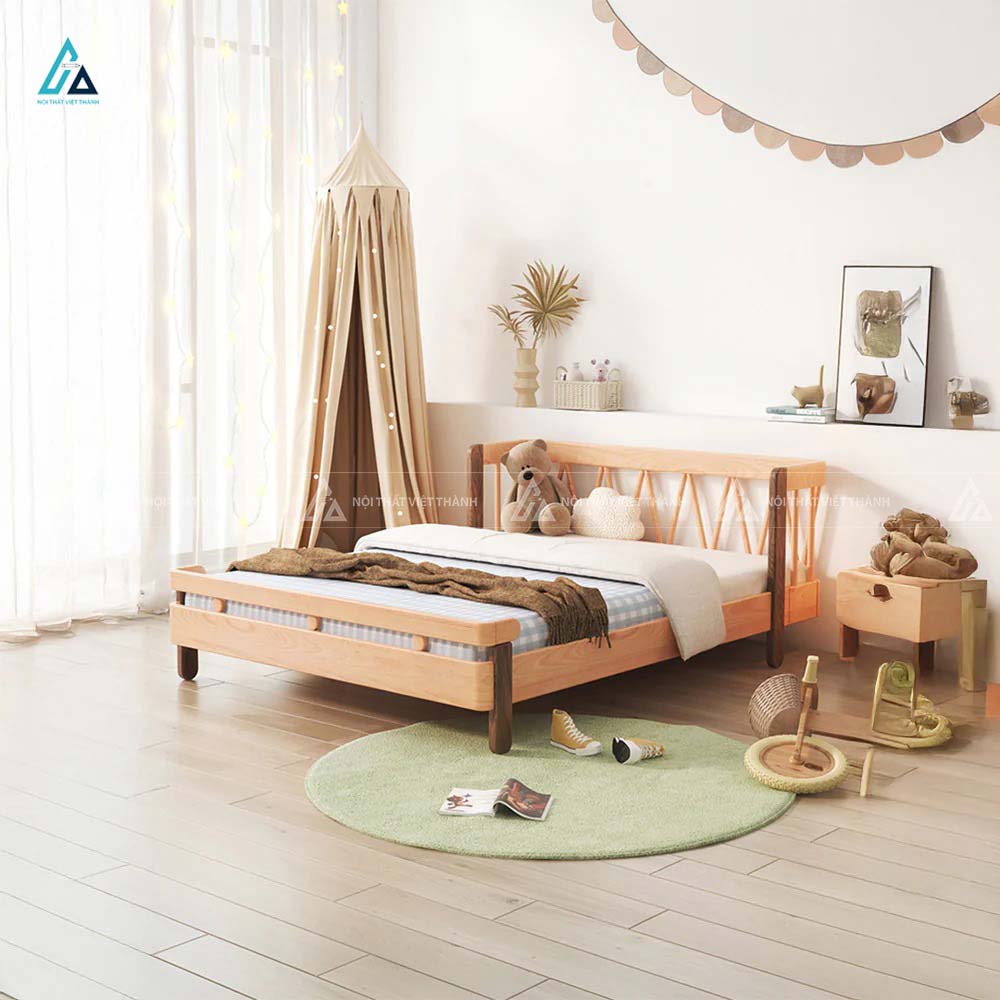 Giường Ngủ Trẻ Em Gỗ Cao Cấp Bo Góc Tích Hợp Đệm Tựa Lưng Chống Va Đập An Toàn