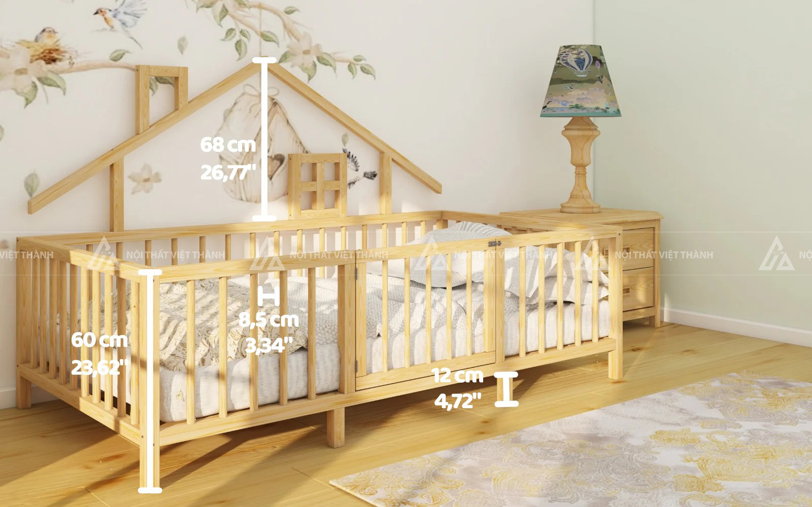 Giường Ngủ Trẻ Em Hình Ngôi Nhà Gỗ Tự Nhiên Có Lan Can Chắn An Toàn 2