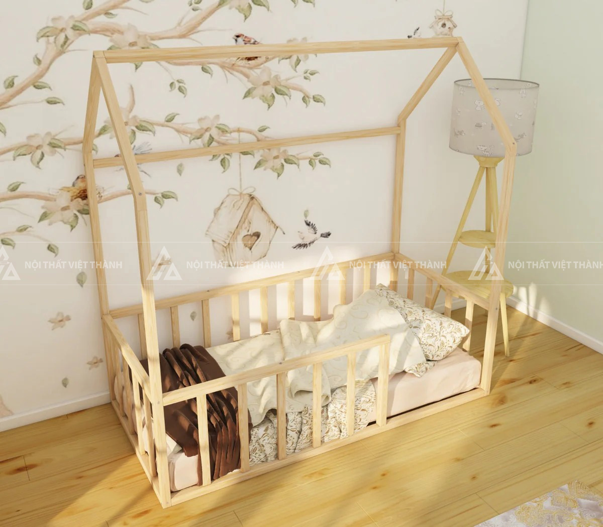 Giường Ngủ Hình Ngôi Nhà Gỗ Tự Nhiên Thiết Kế Sát Sàn An Toàn 2
