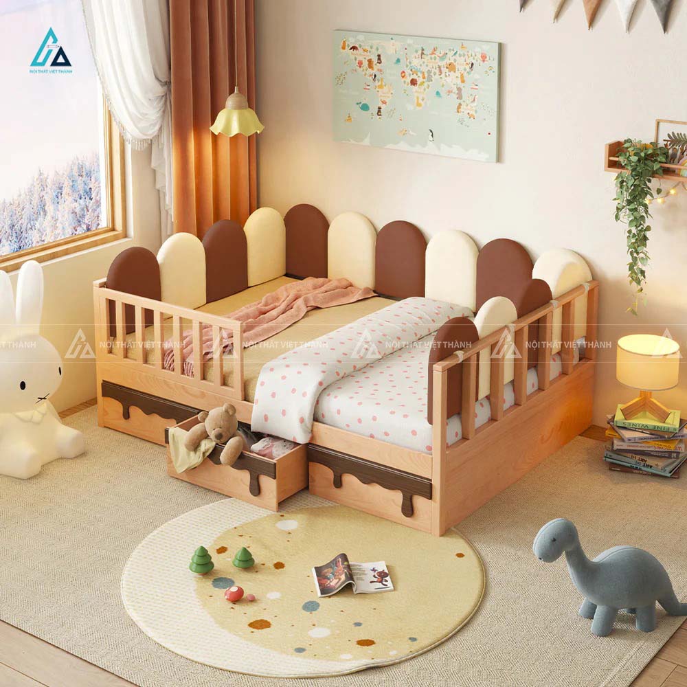 Giường Ngủ Hình Ngôi Nhà Có Ngăn Kéo Lưu Trữ Và Lan Can An Toàn Cho Bé