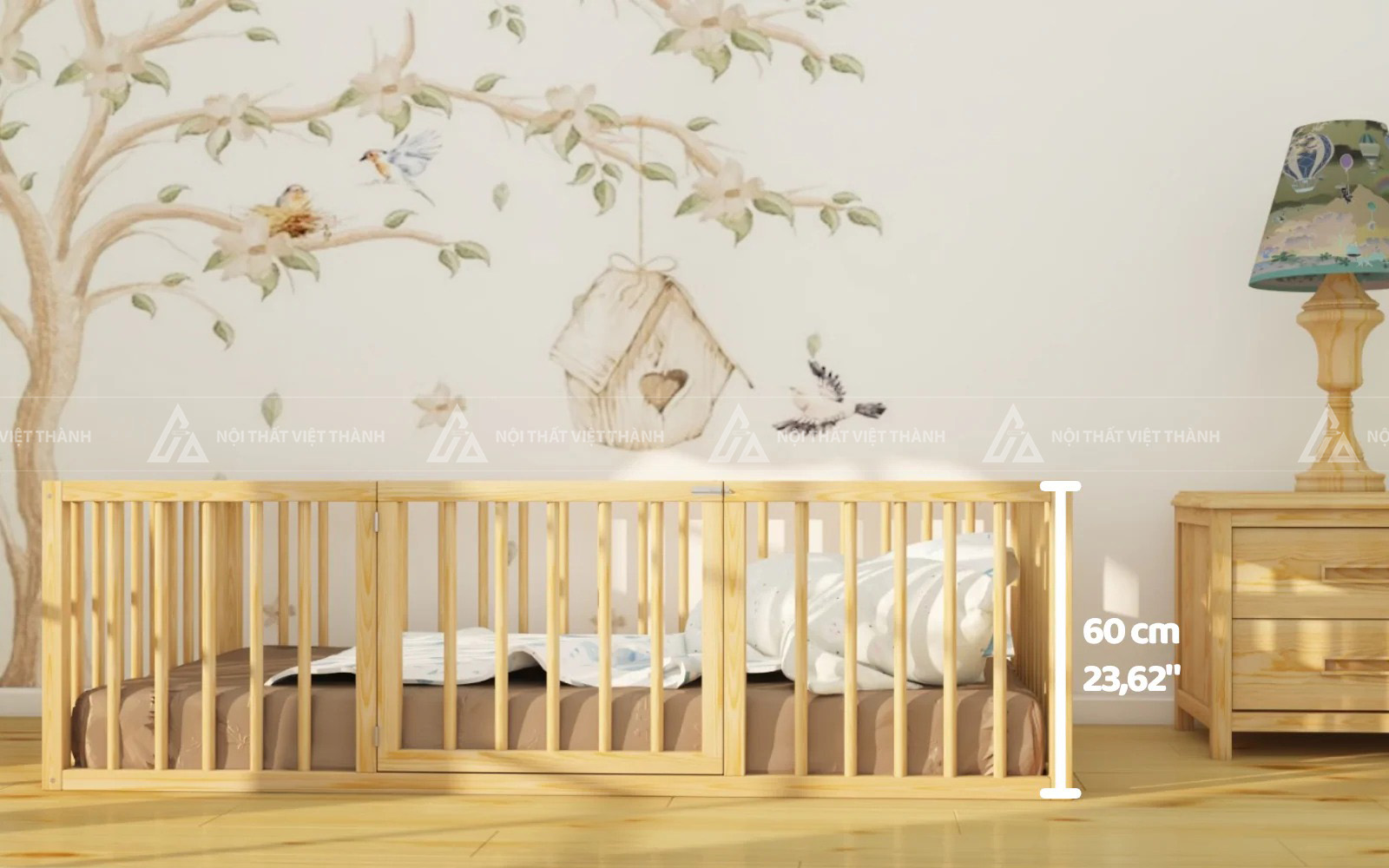 Giường Cũi Trẻ Em Gỗ Tự Nhiên Thiết Kế Lan Can Cao Có Cửa Mở An Toàn 2