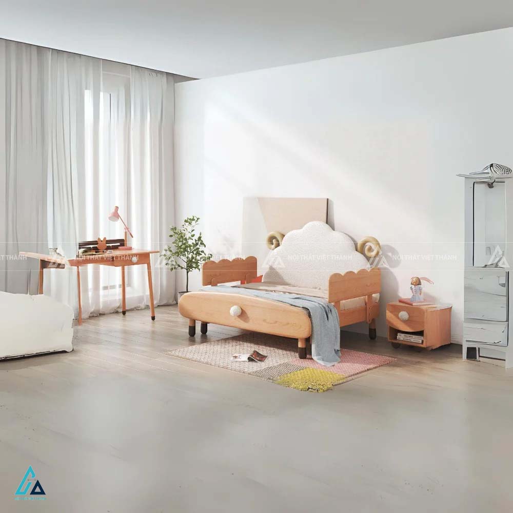 Giường Ngủ Trẻ Em Đầu Giường Hình Đám Mây Tích Hợp Hệ Nan Thông Thoáng 1